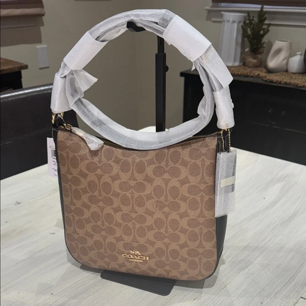 Coach Signature Ellie File Tan and Black Shoulder Bag